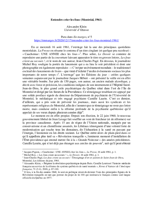 (PDF) Entendre crier les fous (Montréal, 1961)