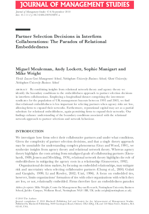 (PDF) Partner Selection Decisions in Interfirm Collaborations: The ...