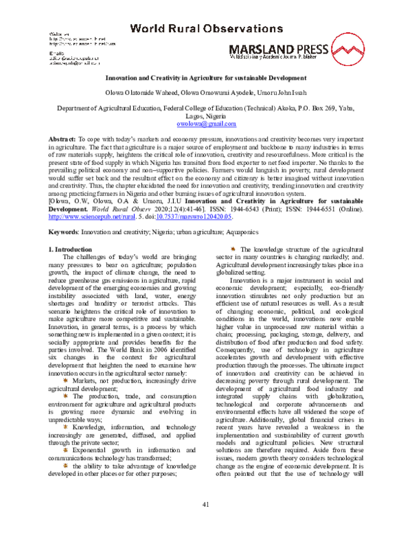 (PDF) Innovation and Creativity in Agriculture for sustainable Development