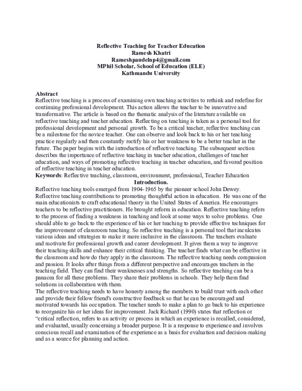 (DOC) Reflective Teaching for Teacher Education