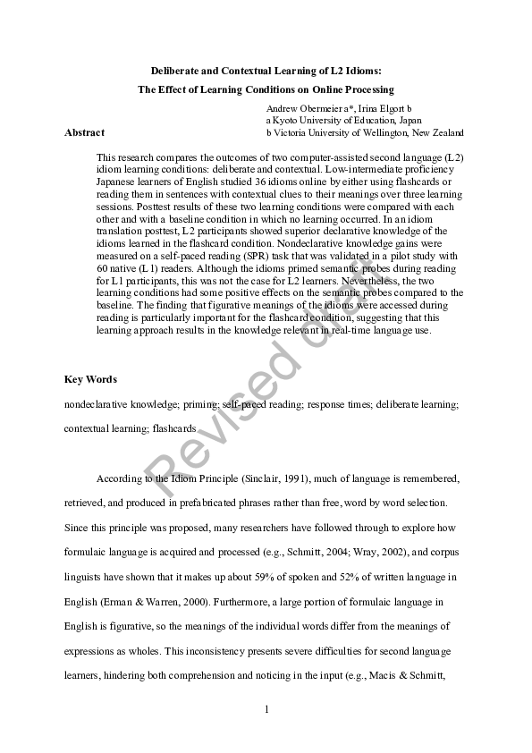 (PDF) Deliberate and Contextual Learning of L2 Idioms: The Effect of ...