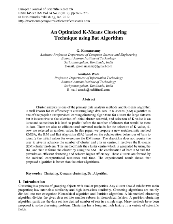 (PDF) An Optimized K-Means Clustering Technique using Bat Algorithm