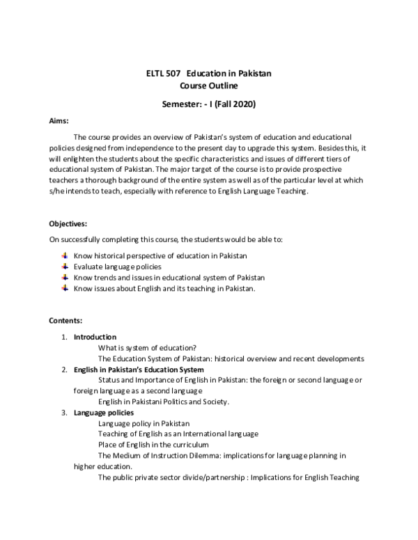 (PDF) ELTL 507 Education in Pakistan Course Outline Semester: -I (Fall 2020