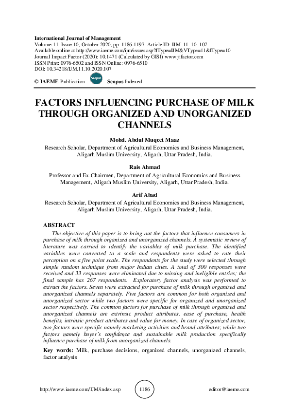 (PDF) FACTORS INFLUENCING PURCHASE OF MILK THROUGH ORGANIZED AND ...
