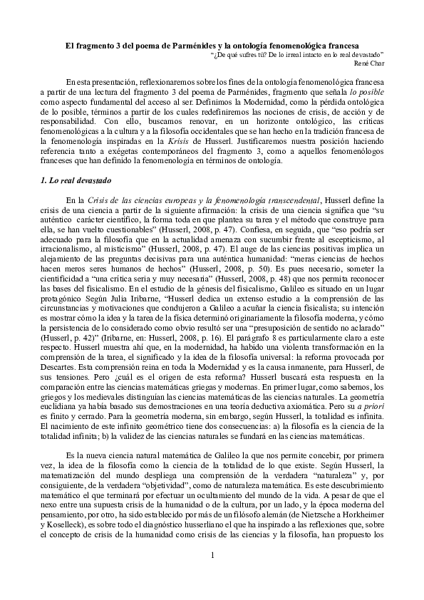 (PDF) El fragmento 3 del poema de Parménides y la ontología fenomenológica francesa Luz (PDF) El fragmento 3 del poema de Parménides y la ontología fenomenológica francesa Luz