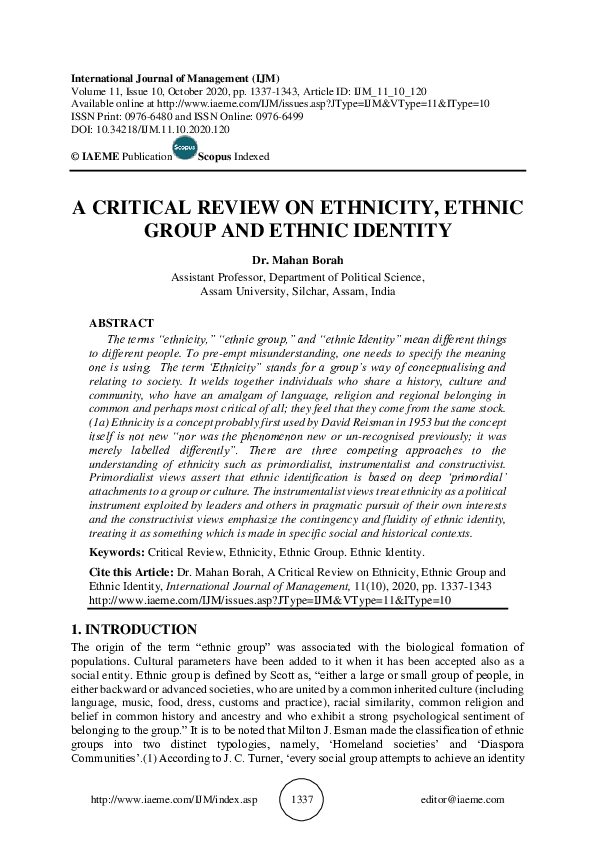 (PDF) A CRITICAL REVIEW ON ETHNICITY, ETHNIC GROUP AND ETHNIC IDENTITY