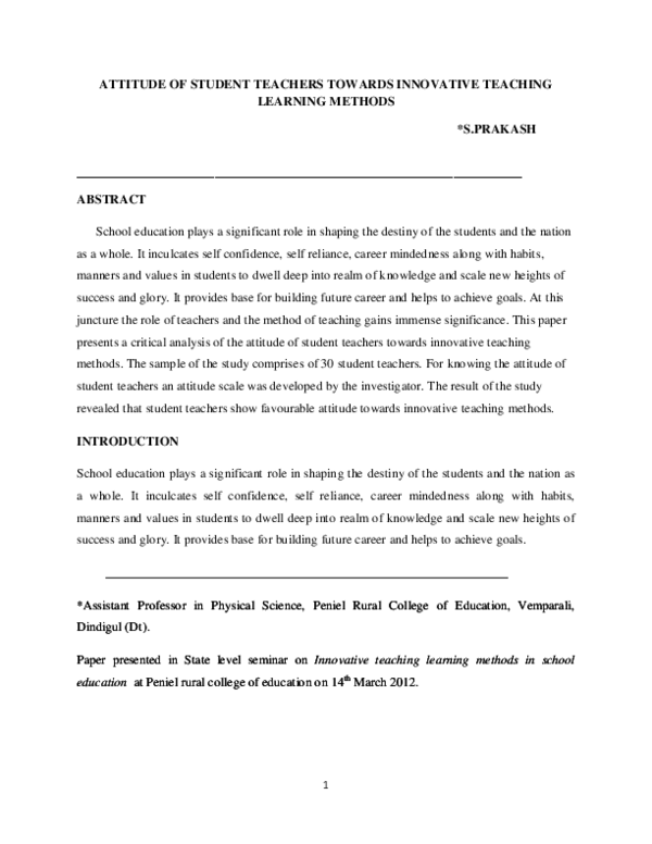 (PDF) Attitude of Student Teachers towards Innovative Teaching Learning ...