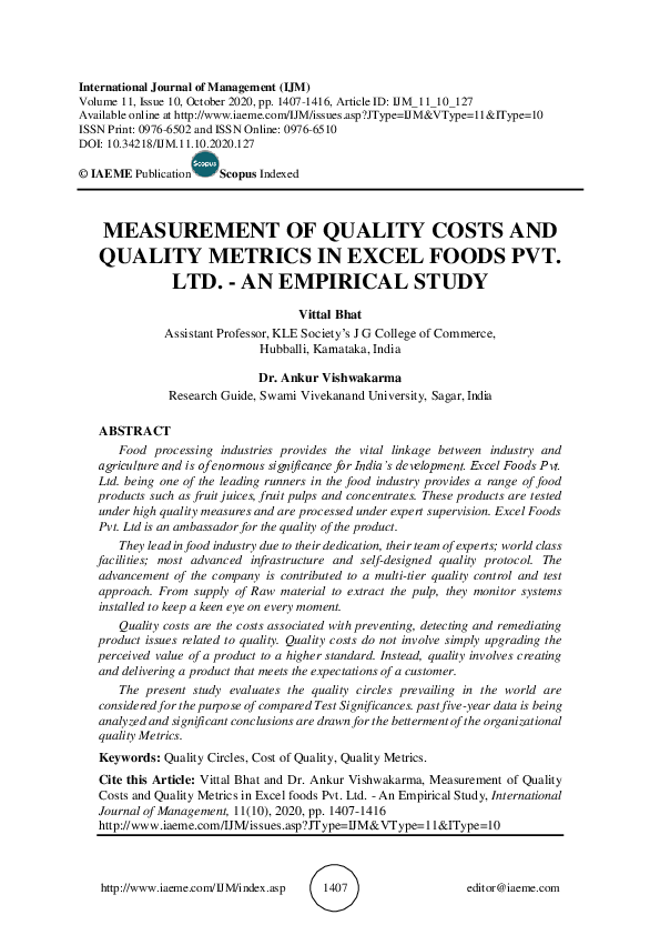 (PDF) MEASUREMENT OF QUALITY COSTS AND QUALITY METRICS IN EXCEL FOODS