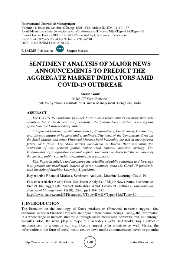 (PDF) Sentiment Analysis of Major News Announcements to Predict the ...