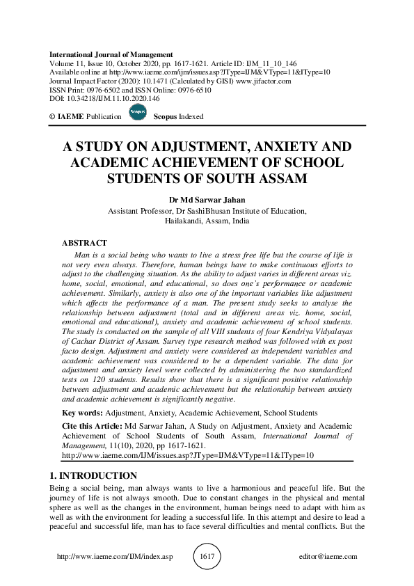 (PDF) A STUDY ON ADJUSTMENT, ANXIETY AND ACADEMIC ACHIEVEMENT OF SCHOOL ...