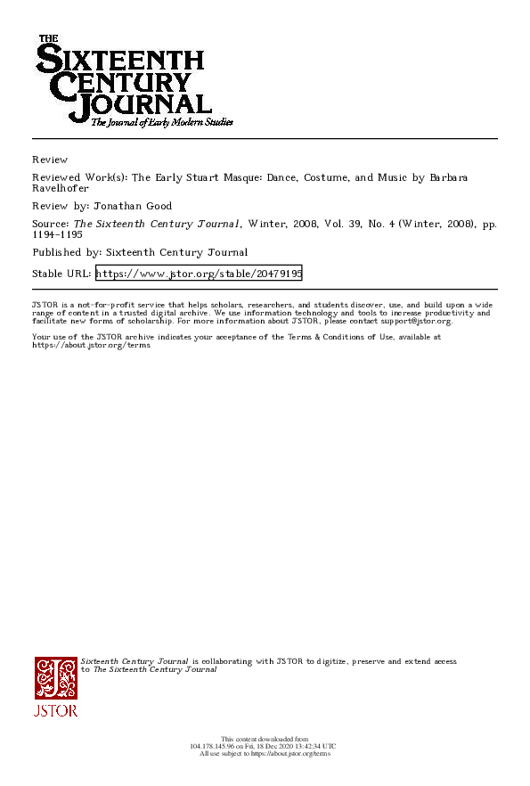 (PDF) Review of Barbara Ravelhofer, The Early Stuart Masque: Dance ...