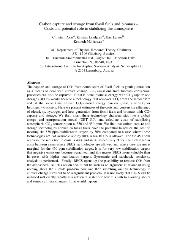 (PDF) Carbon Capture and Storage from Fossil Fuels and Biomass - Costs ...
