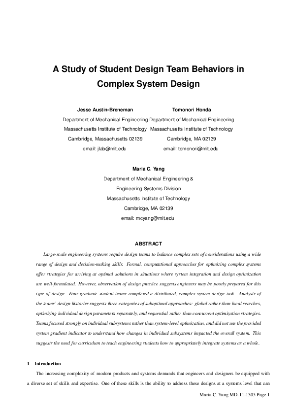 (PDF) A Study of Student Design Team Behaviors in Complex System Design