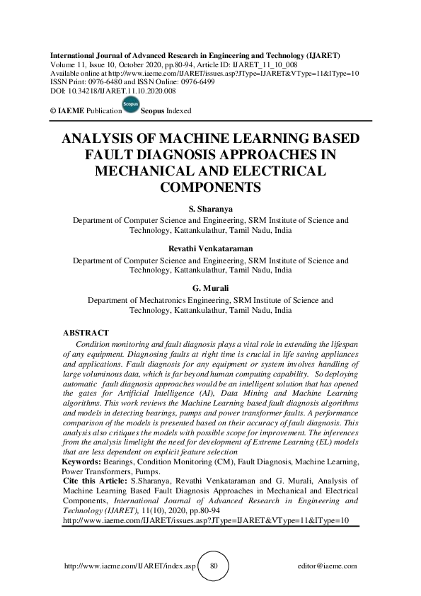 (PDF) ANALYSIS OF MACHINE LEARNING BASED FAULT DIAGNOSIS APPROACHES IN ...