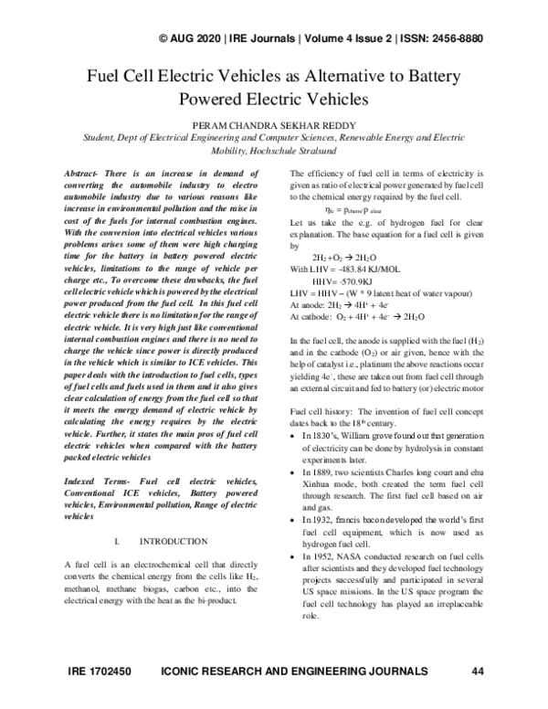(PDF) Fuel Cell Electric Vehicles as Alternative to Battery Powered