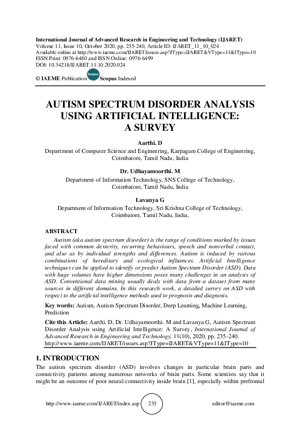 (PDF) AUTISM SPECTRUM DISORDER ANALYSIS USING ARTIFICIAL INTELLIGENCE ...