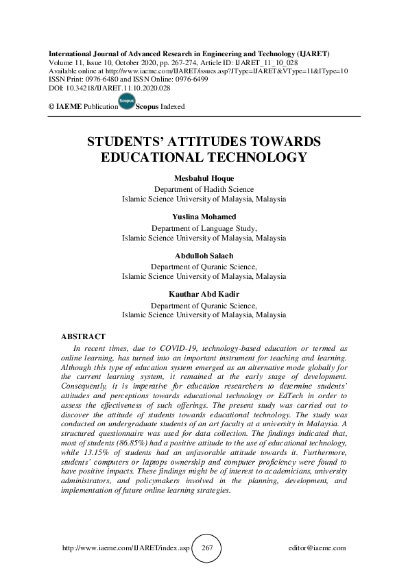(PDF) STUDENTS' ATTITUDES TOWARDS EDUCATIONAL TECHNOLOGY