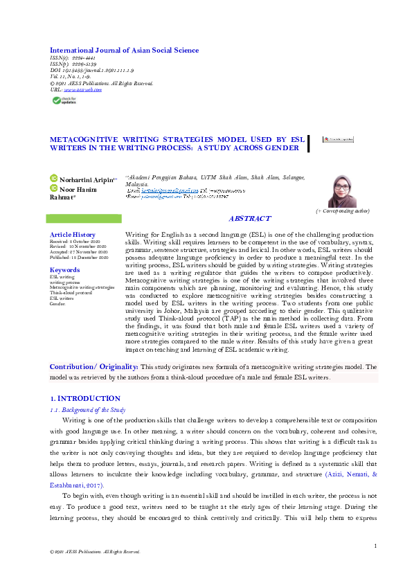 (PDF) METACOGNITIVE WRITING STRATEGIES MODEL USED BY ESL WRITERS IN THE ...