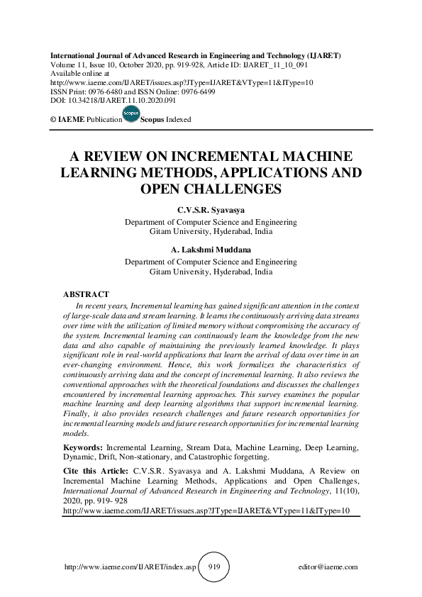 (PDF) A REVIEW ON INCREMENTAL MACHINE LEARNING METHODS, APPLICATIONS ...