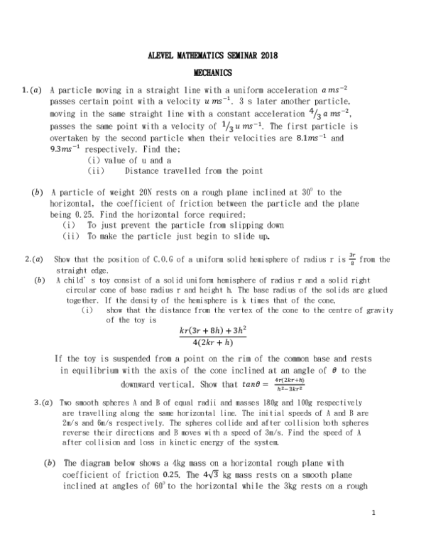 (PDF) ALEVEL MATHEMATICS SEMINAR 2018 MECHANICS