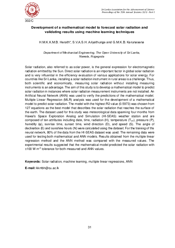 (PDF) Development of a Mathematical Model to Forecast Solar Radiation ...