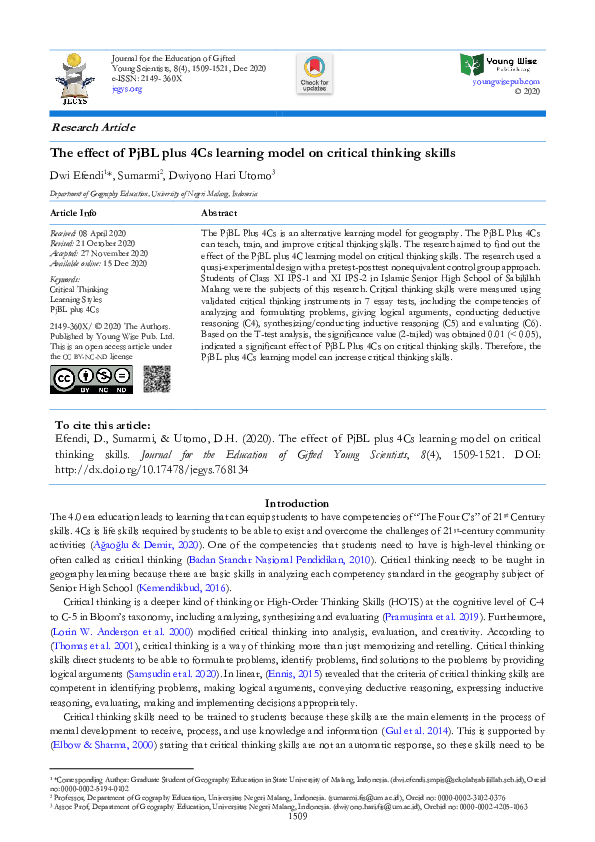 (PDF) The effect of PjBL plus 4Cs learning model on critical thinking ...