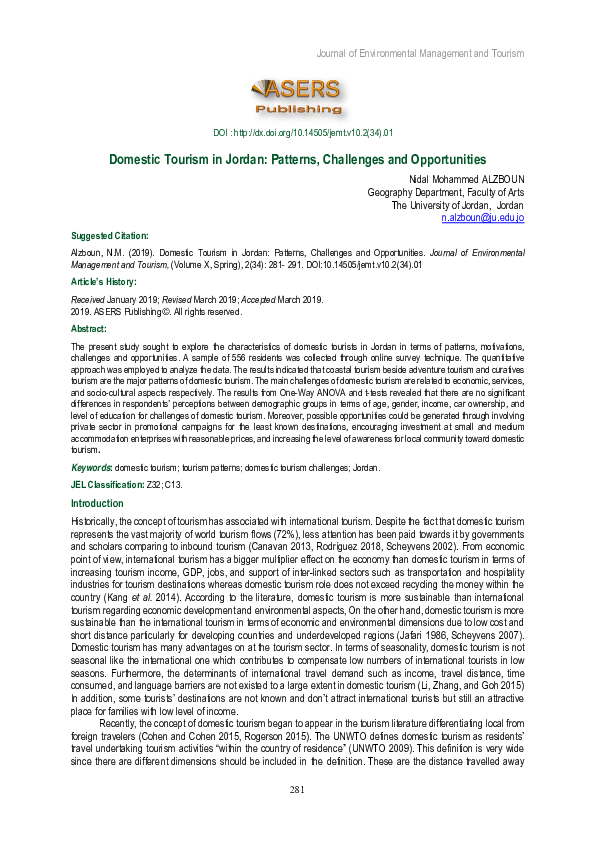 (PDF) Domestic Tourism in Jordan: Patterns, Challenges and Opportunities