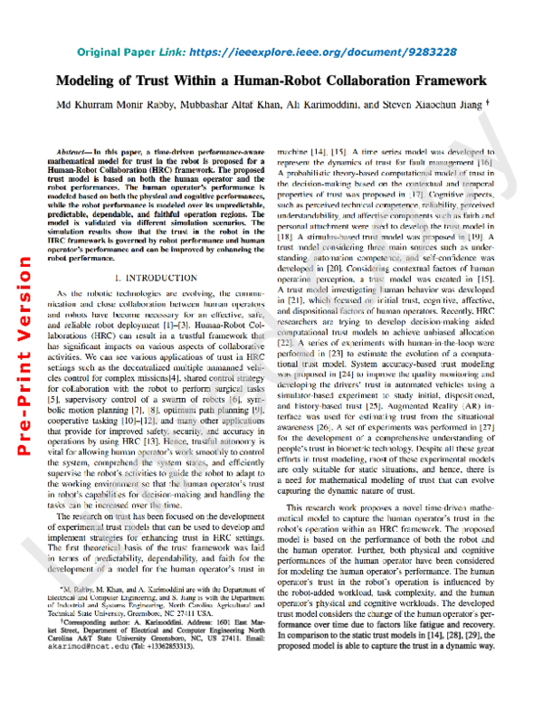 (PDF) Modeling of Trust Within a Human-Robot Collaboration Framework