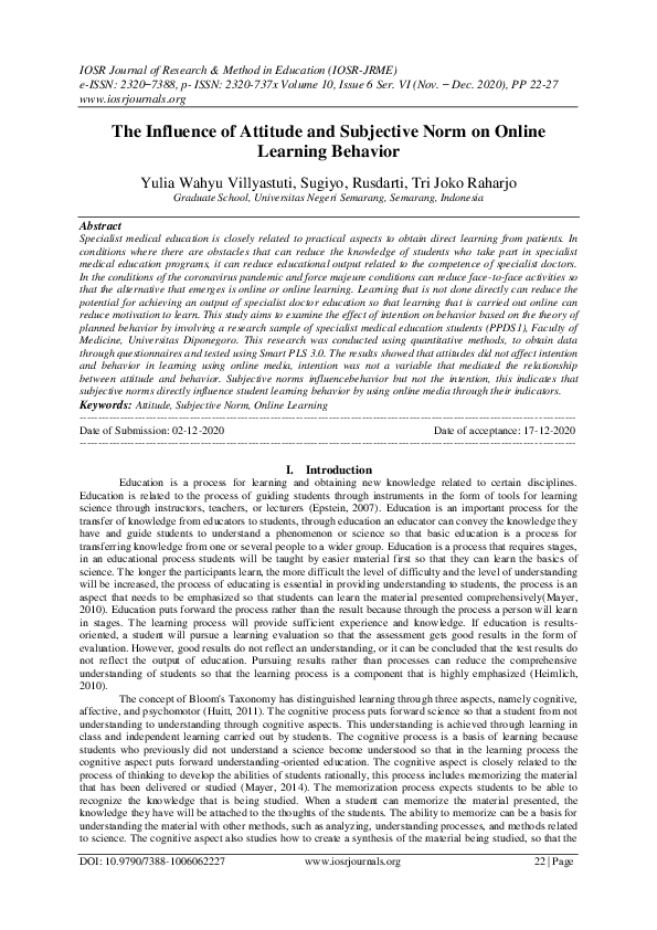 (PDF) The Influence of Attitude and Subjective Norm on Online Learning ...