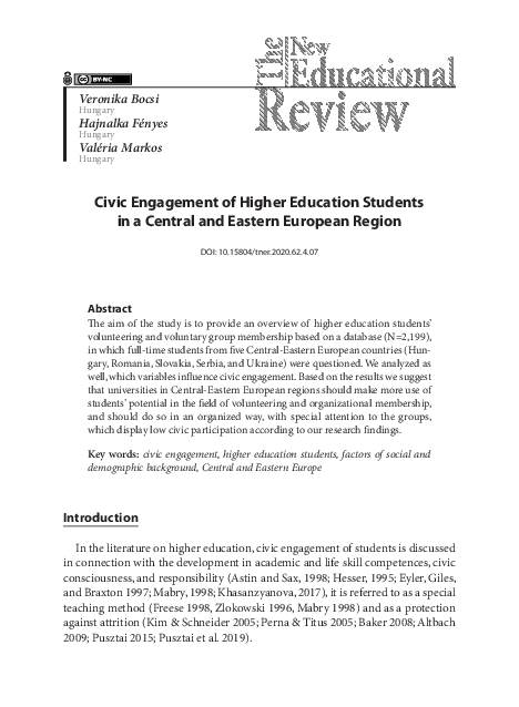 (PDF) Civic Engagement of Higher Education Students in a Central and ...