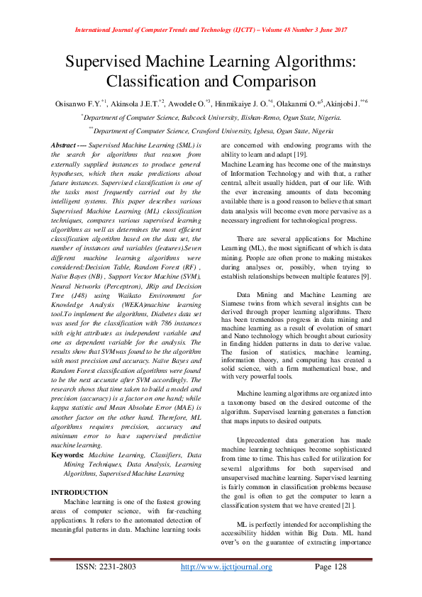 (PDF) Supervised Machine Learning Algorithms: Classification and Comparison