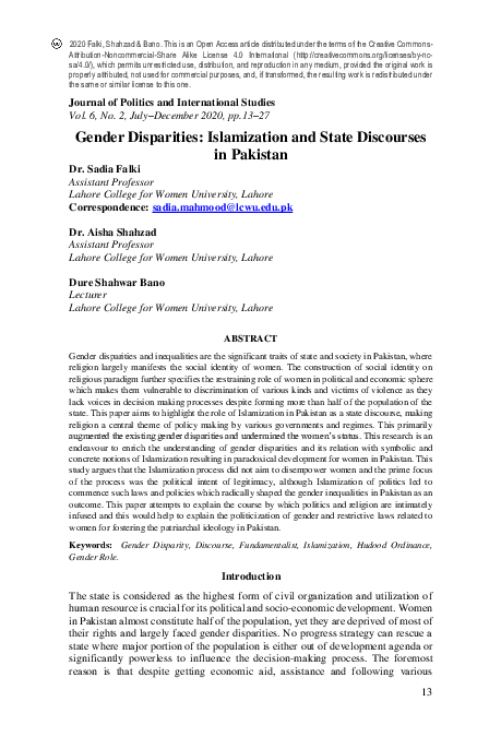 (PDF) Gender Disparities: Islamization and State Discourses in Pakistan