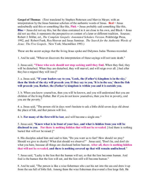 (PDF) Gospel of Thomas: Text translated by Stephen Patterson and Marvin ...
