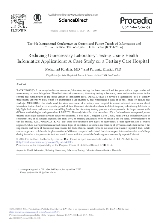 (PDF) Reducing Unnecessary Laboratory Testing Using Health Informatics ...