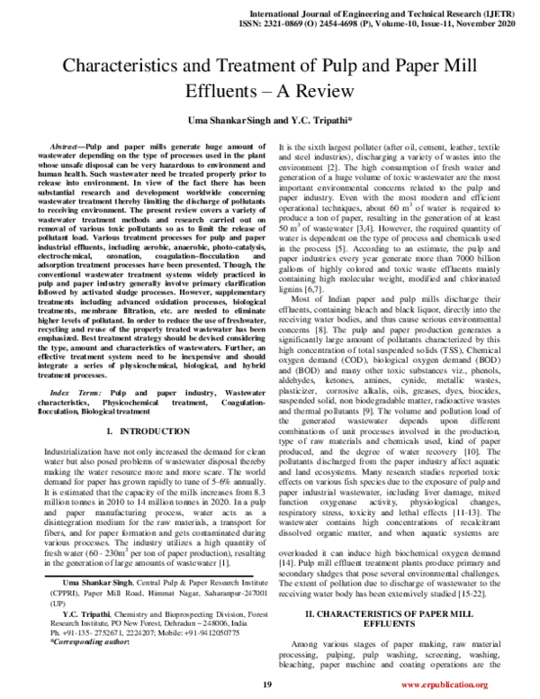 (PDF) Characteristics and Treatment of Pulp and Paper Mill Effluents -A ...
