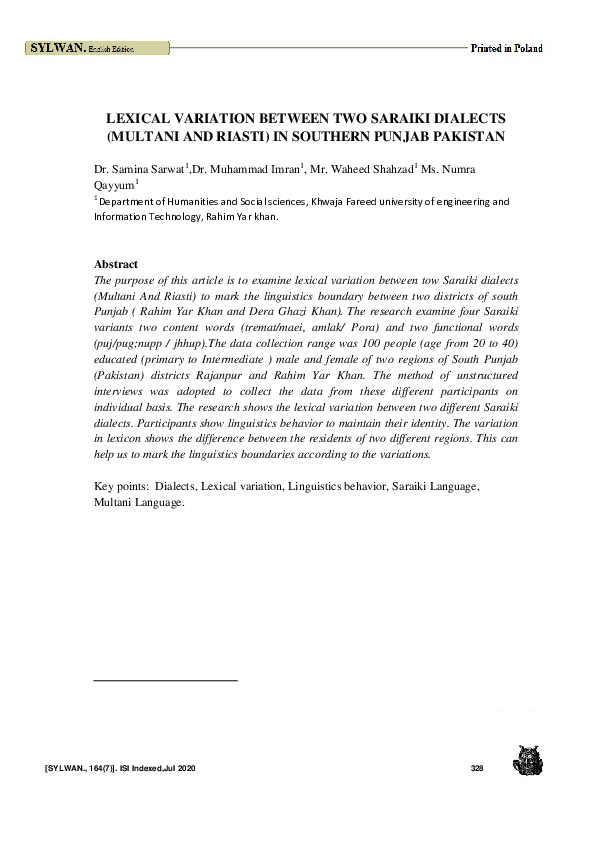(PDF) LEXICAL VARIATION BETWEEN TWO SARAIKI DIALECTS (MULTANI AND ...