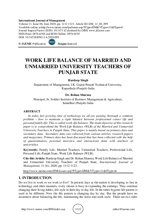 (PDF) WORK LIFE BALANCE OF MARRIED AND UNMARRIED UNIVERSITY TEACHERS OF ...
