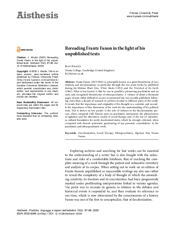 Pdf Rereading Frantz Fanon In The Light Of His Unpublished Texts Jean Khalfa Academia Edu