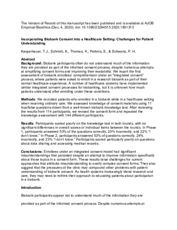 (PDF) Incorporating Biobank Consent into a Healthcare Setting