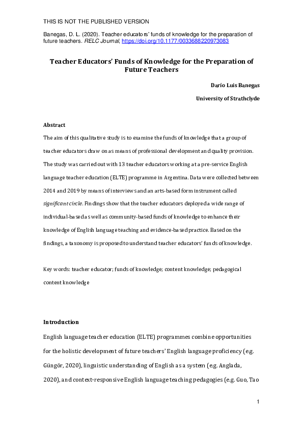 (PDF) Teacher Educators' Funds of Knowledge for the Preparation of ...
