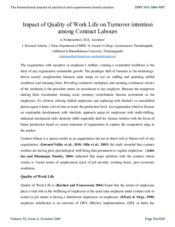(PDF) Impact of Quality of Work Life on Turnover intention among ...