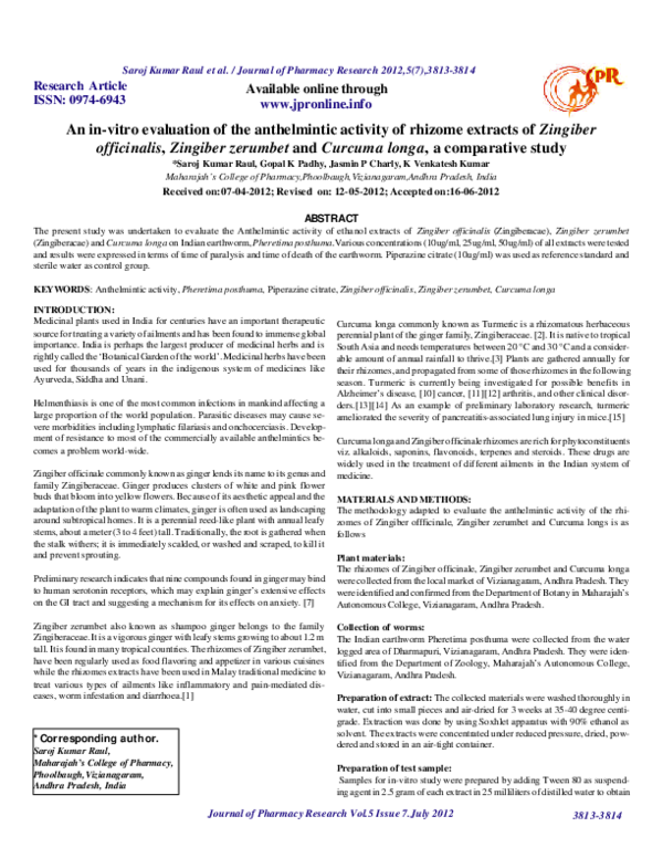 (PDF) An in vitro evaluation of the anthelmintic activity of rhizome ...