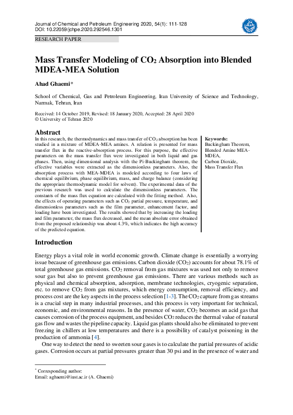(PDF) Mass Transfer Modeling of CO2 Absorption into Blended MDEA-MEA ...