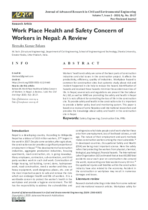 (PDF) Work Place Health and Safety Concern of Workers in Nepal: A Review