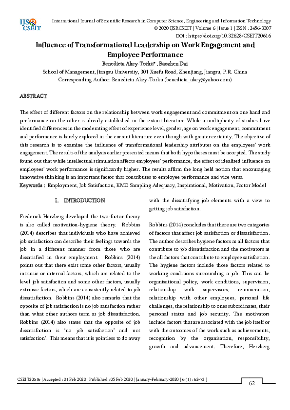(PDF) Influence of Transformational Leadership on Work Engagement and ...