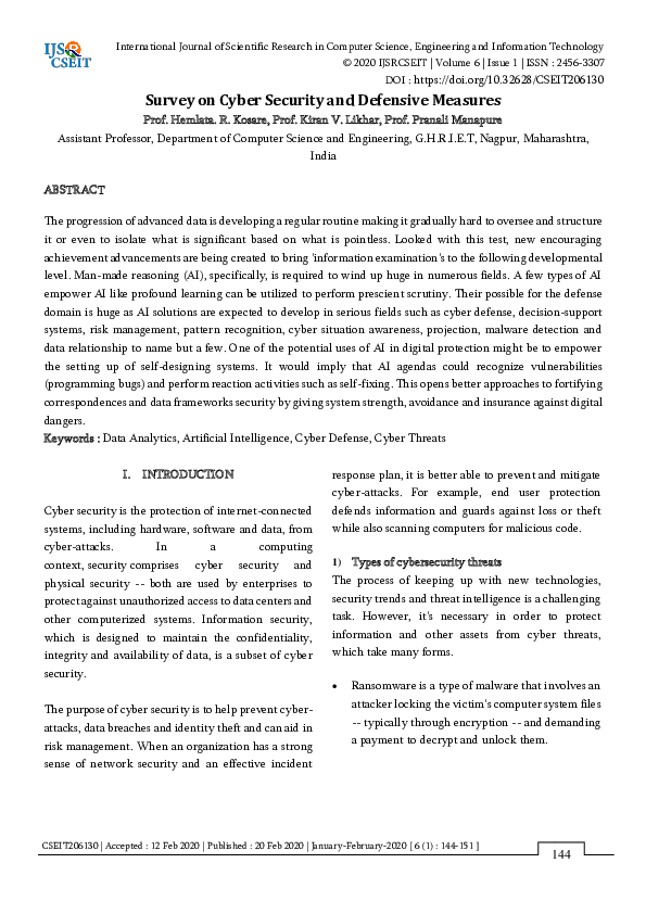(PDF) Survey on Cyber Security and Defensive Measures