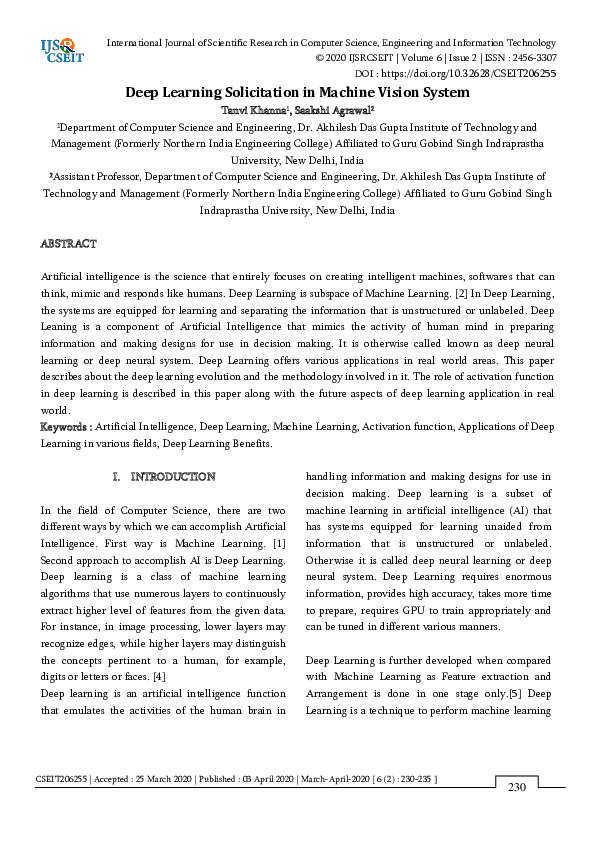 (PDF) Deep Learning Solicitation in Machine Vision System
