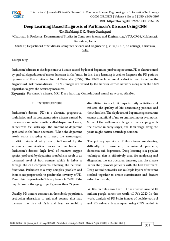 (PDF) Deep Learning Based Diagnosis of Parkinson's Disease Using CNN