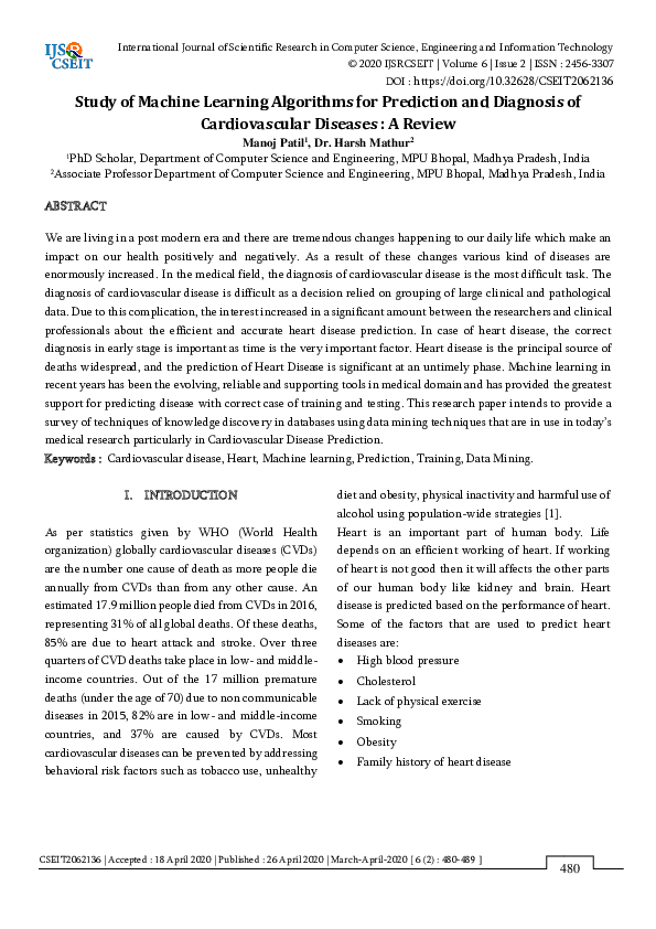 (PDF) Study of Machine Learning Algorithms for Prediction and Diagnosis ...