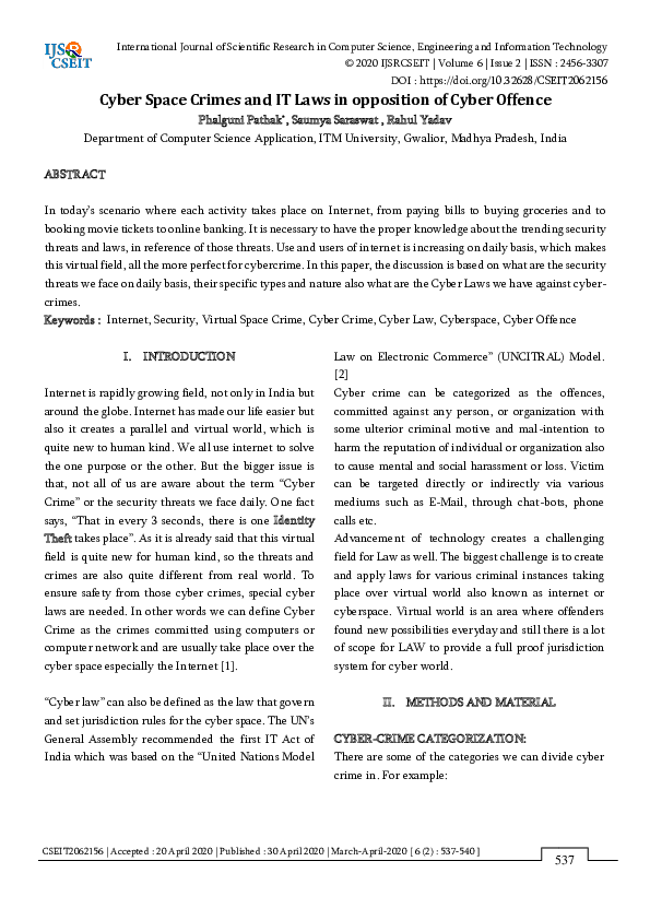 (PDF) Cyber Space Crimes and IT Laws in opposition of Cyber Offence